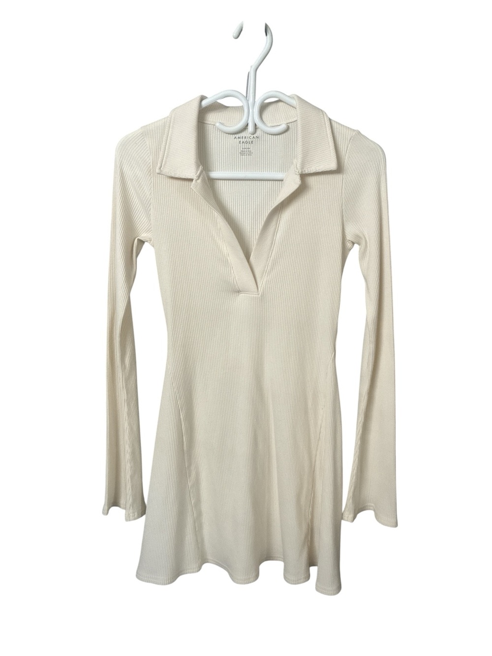 American Eagle Outfitters Ivory Ribbed Long-Sleeve Polo Tunic